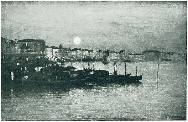 A Sera. A painting of an italian port, with docked boats