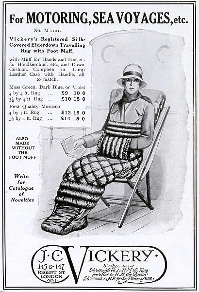 Silk eiderdown travelling rug with foot muff, 1928