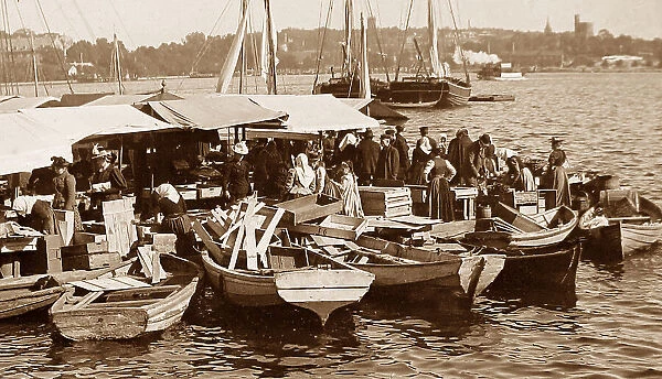 Skeppsbron fish market Stockholm Sweden early 1900s