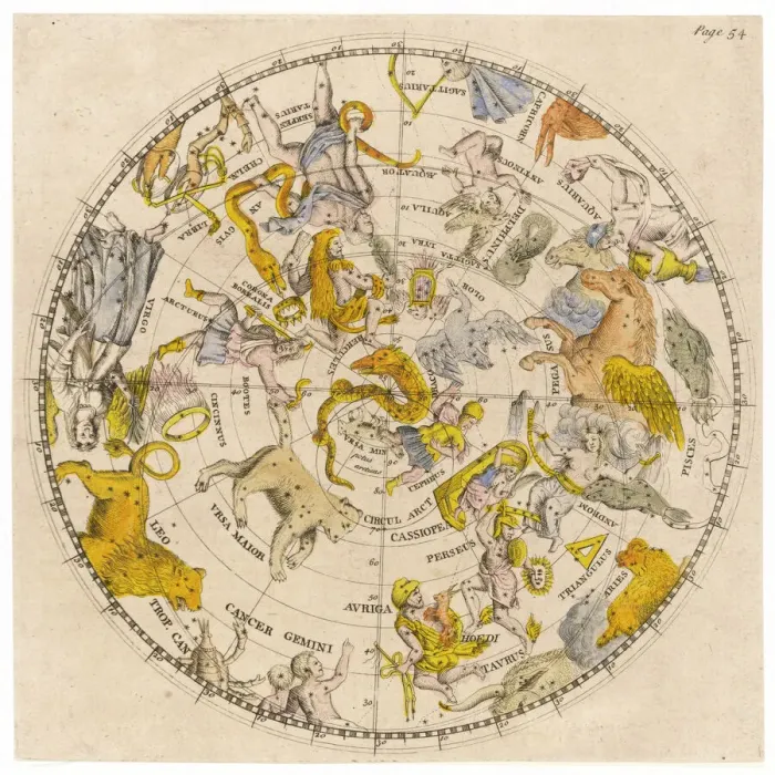 Framed Print : Print of a Sky Chart featuring Zodiac Signs and Celestial Features Framed Print : Print of a Sky Chart featuring Zodiac Signs and Celestial Features