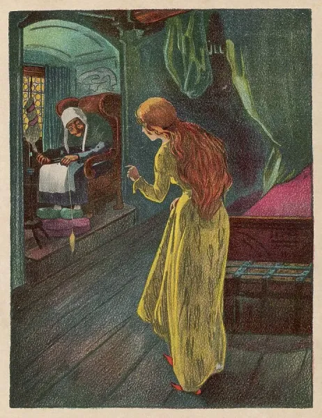Framed Print of Sleeping Beauty Spindle Print: The Fateful Encounter.  Framed Print from Mary Evans