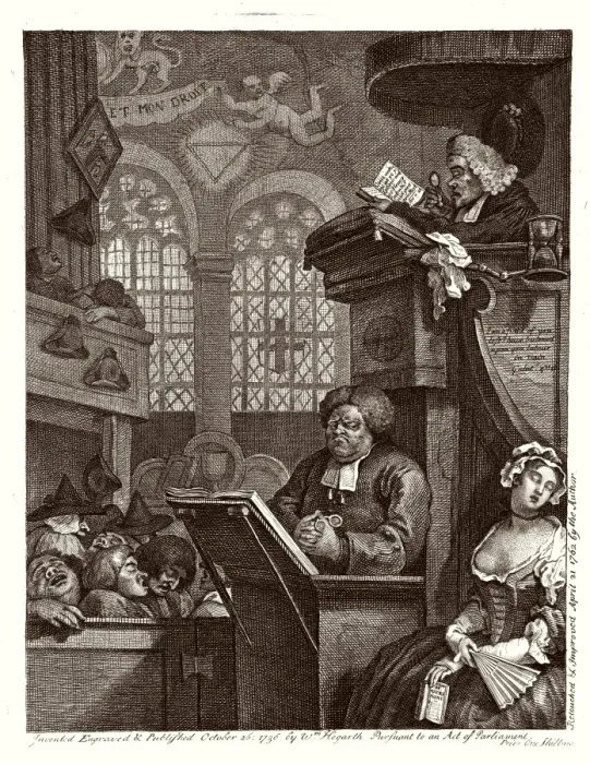 Framed Print : Print of a sleeping congregation listening to a preacher
