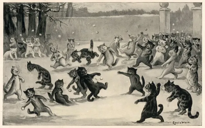Framed Print : Louis Wain's Whimsical Print: Snowballing Cats at Play Framed Print : Louis Wain's Whimsical Print: Snowballing Cats at Play
