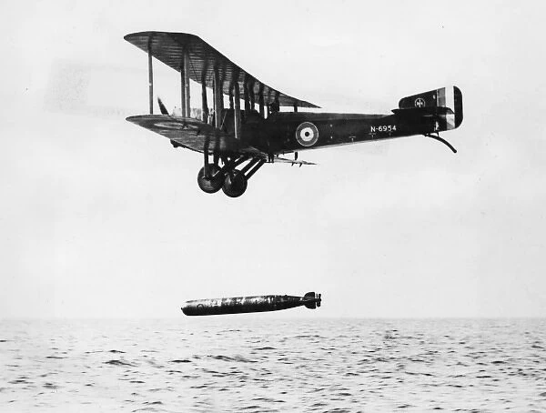 Sopwith T1 Cuckoo biplane launching torpedo, WW1