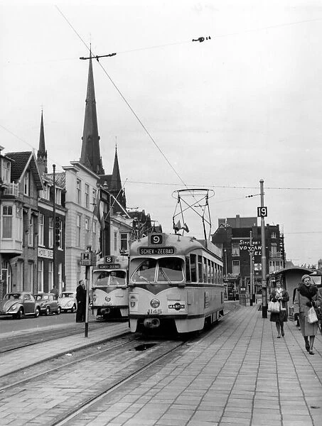 Street scene with trams, The Hague, Netherlands