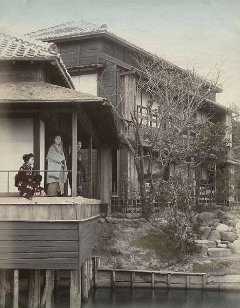 Tea house Mukojima, Tokyo, with geishas on the balcony