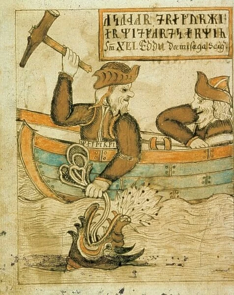 Thor, the god, is fishing. Illustration in The Olafur Brynjulfsson Edda 1760