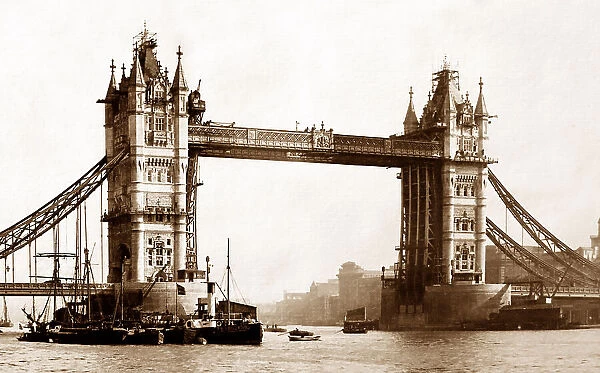 Tower Bridge under construction, London