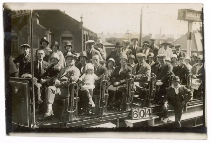 Framed Print : Blackpool Tramload - Colour Print of 1920s Holidaymakers Framed Print : Blackpool Tramload - Colour Print of 1920s Holidaymakers