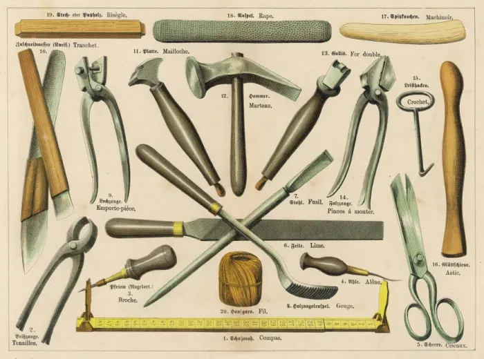 Framed Print : Various Shoemaking Tools Print Framed Print : Various Shoemaking Tools Print