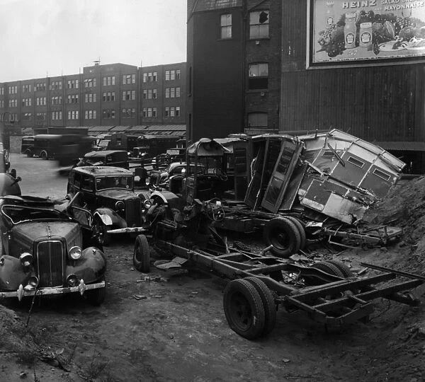 Vehicles damaged by wartime bombing, Lambeth, London