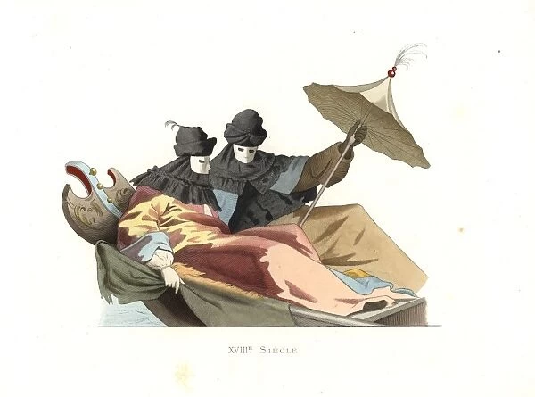 Venetians in a gondola wearing bauta masks