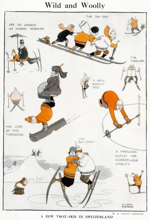 Framed Print : W. Heath Robinson Cartoon: Early Skiing Variations in Switzerland, Print Framed Print : W. Heath Robinson Cartoon: Early Skiing Variations in Switzerland, Print