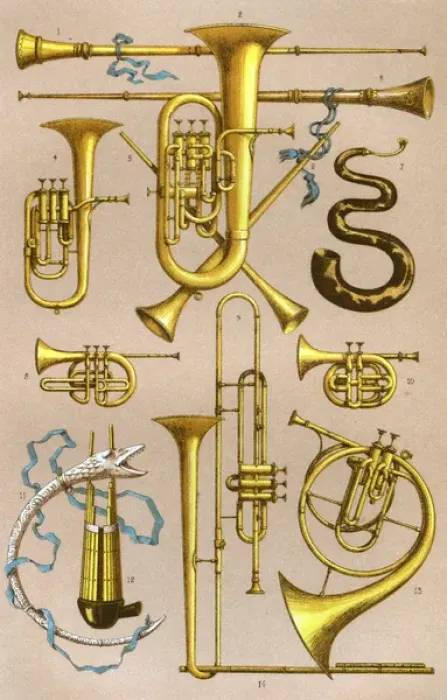 Framed Print : Wind Instruments, a Print from 1878 Framed Print : Wind Instruments, a Print from 1878