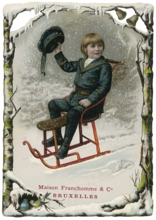 Framed Print : Print of a boy sliding on a sledge in winter