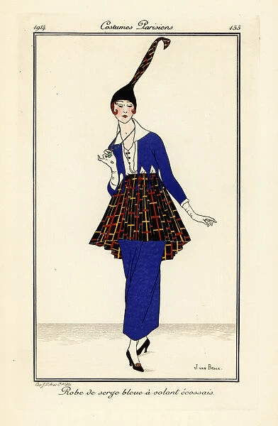 Woman in blue dress with modernist pattern skirt and hat