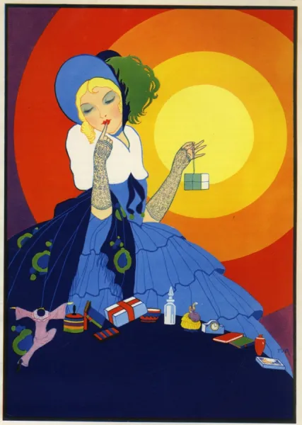 Woman with many presents, in Art Deco style