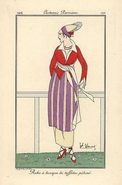 Woman at racetrack in dress with striped pekine