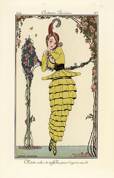 Woman in yellow taffeta afternoon dress