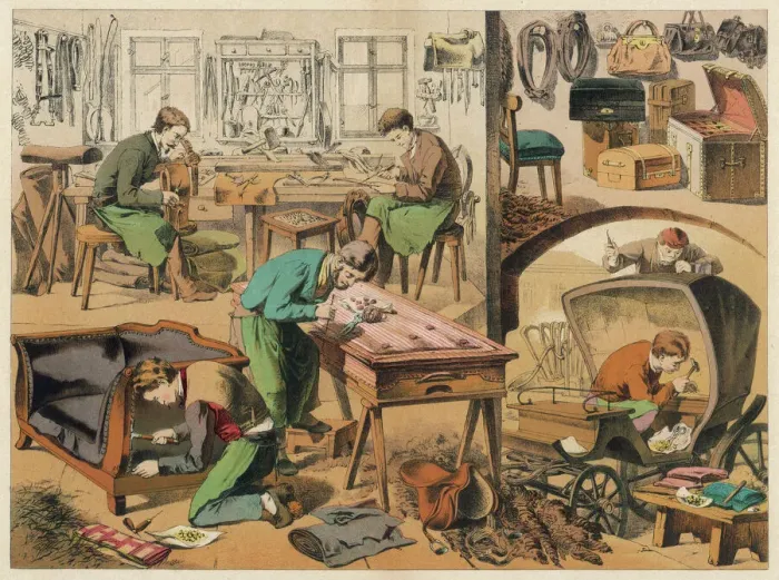 Framed Print : Print of a Saddler and Upholsterer's Workshop Framed Print : Print of a Saddler and Upholsterer's Workshop