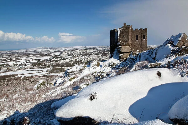 Carn Brea castle - in snow - looking east to Redruth and beyond