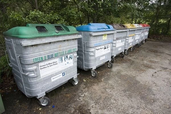 Variety of recycling bins Balmoral car park Royal Deeside Scotland UK