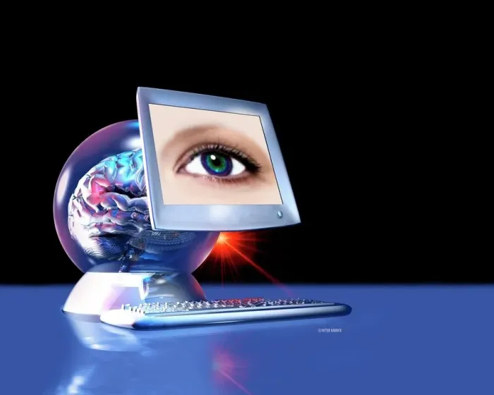 Framed Print : Artificial Intelligence Print - Computer Brain with Human Eye Monitor