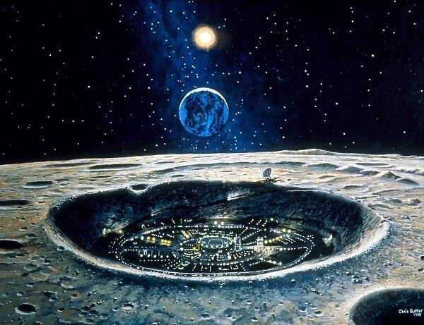 Artwork of a city in a crater on the Moon