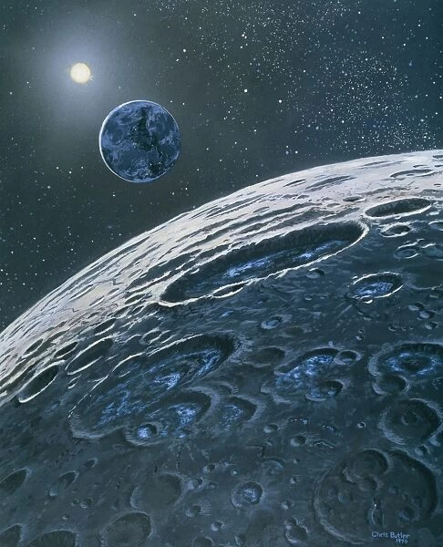 Artwork of ice in craters on the Moons surface
