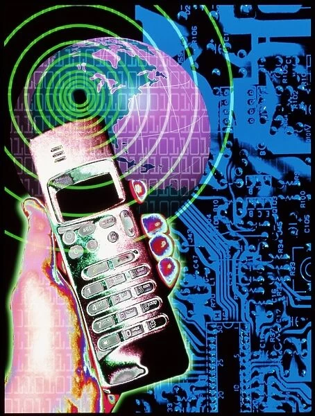 Artwork of mobile telephone, globe & circuit board
