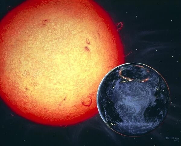 Artwork of Sun and Earth with aurora