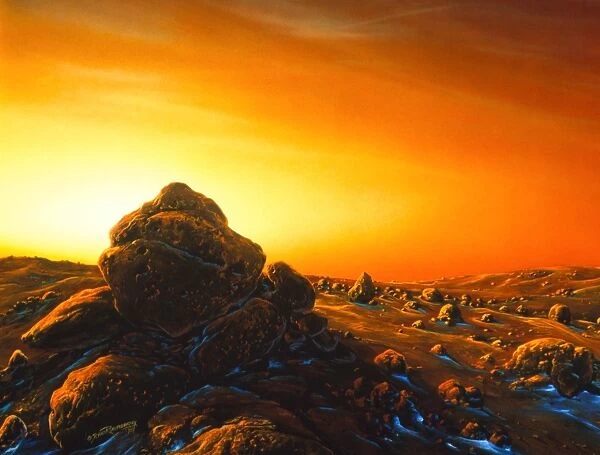 Artwork of sunrise over the surface of Mars