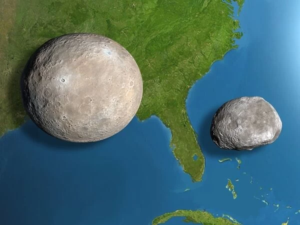Asteroids Ceres and Vesta, scale artwork