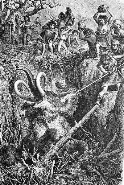 Cavemen hunting mammoth, historic artwork C018  /  7096