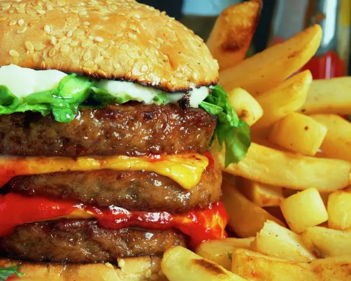 Framed Print : Print of a cheeseburger and chips