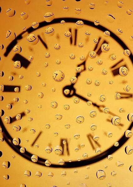 Clock face refracted in numerous water droplets