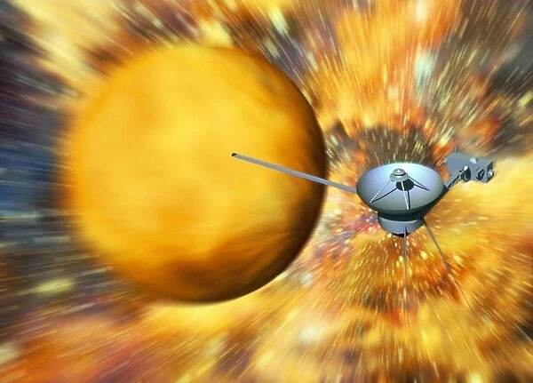 Computer art of Voyager spacecraft passing planet