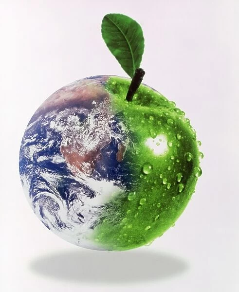 Computer artwork of half Earth and half apple