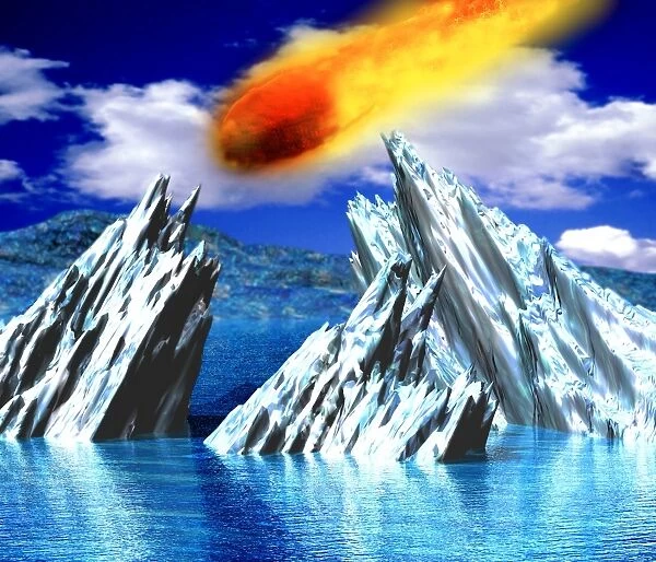 Computer artwork of a meteorite above an icy ocean
