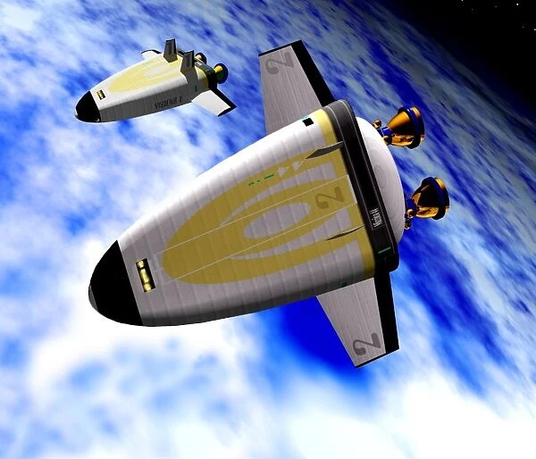 Computer artwork of space shuttles in Earth orbit
