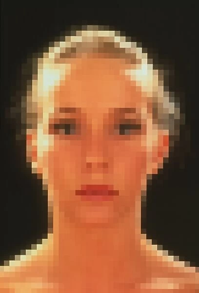 Computer graphic of pixelated face of a woman