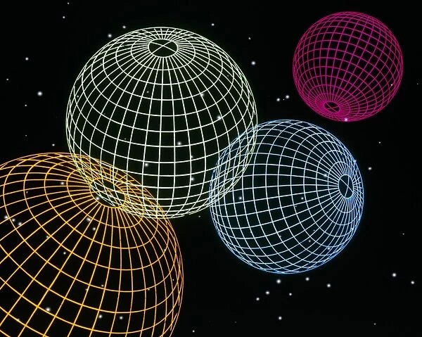 Computer graphics image of 4 wire-drawn spheres