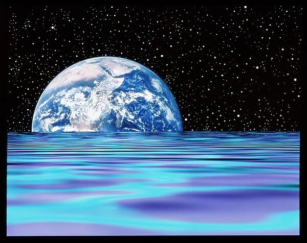 Earth rise over water. Abstract computer image of the Earth seen on a starfield