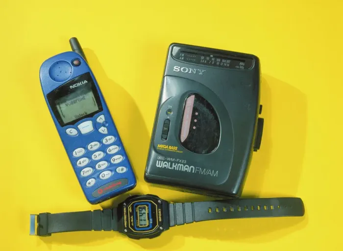 Framed Print : Electrical Items Print - A Mobile Phone, Walkman and Digital Watch Framed Print : Electrical Items Print - A Mobile Phone, Walkman and Digital Watch
