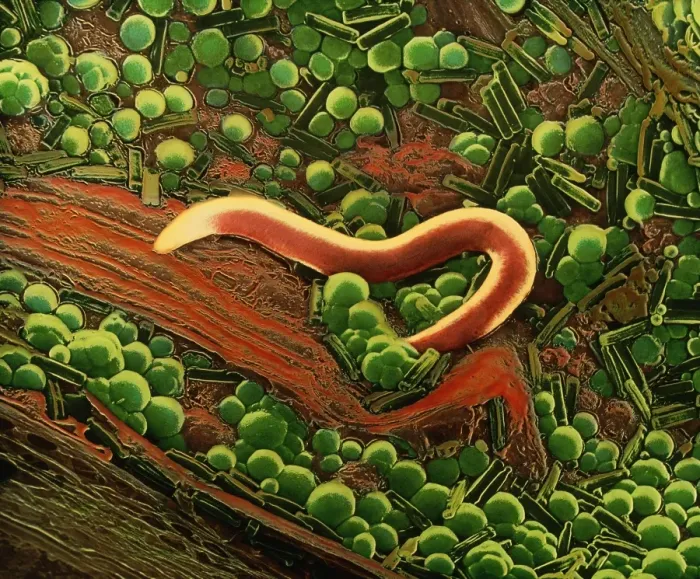 Framed Print : False-colour scanning electron micrograph print of a nematode worm on peat Framed Print : False-colour scanning electron micrograph print of a nematode worm on peat