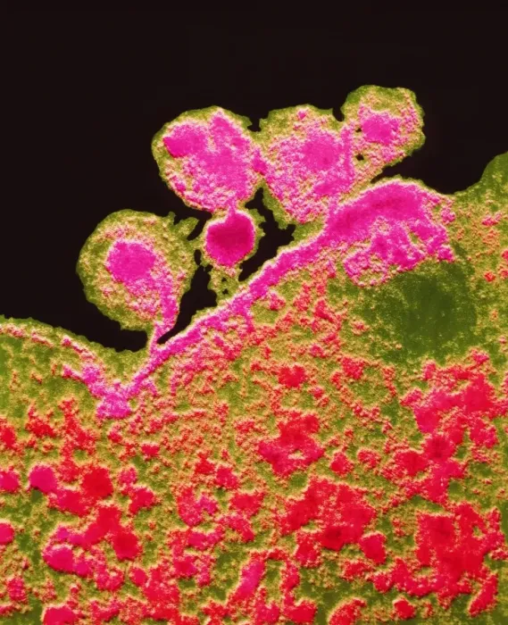 Framed Print : False-colour TEM of budding AIDS viruses, 6x7cm print