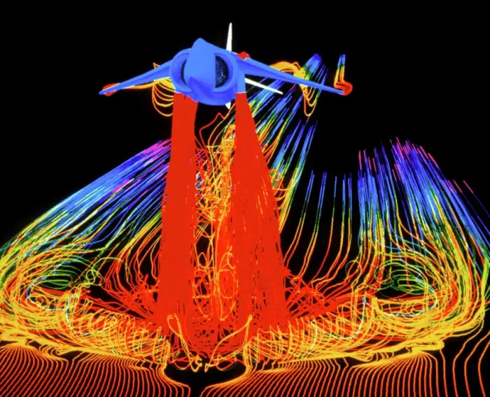Framed Print : Harrier VTOL Fighter in Virtual Wind Tunnel Simulation Print Framed Print : Harrier VTOL Fighter in Virtual Wind Tunnel Simulation Print