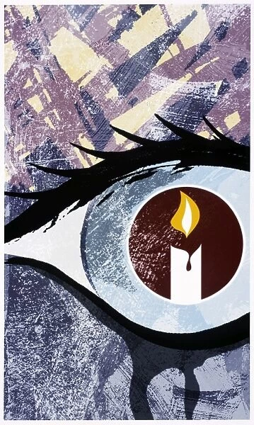 Grief. Conceptual artwork of a tearful eye and a candle, representing grief