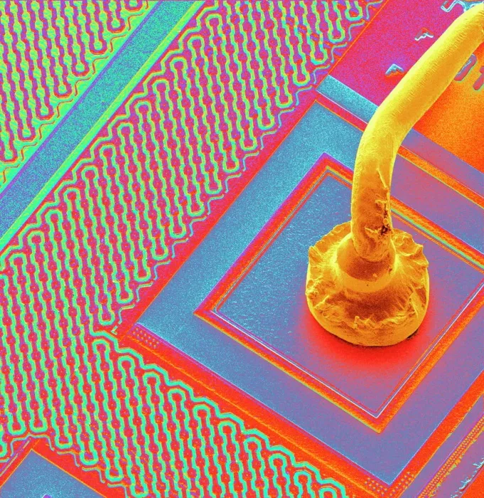 Framed Print : SEM Micro-wire Connecting to a Gold-Coated Microchip Print Framed Print : SEM Micro-wire Connecting to a Gold-Coated Microchip Print