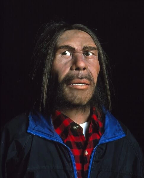 Model of a neanderthal man in modern clothing